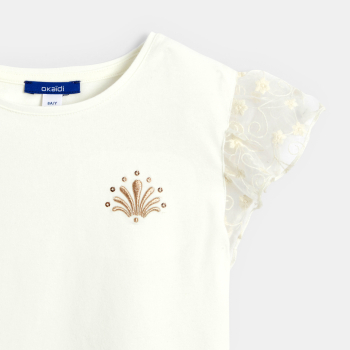 تيشيرت بأكمام قصيرة متموجة باللون الأبيض للفتيات الصغيرات